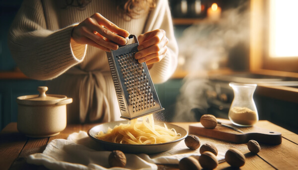 Rallando nuez moscada sobre un plato de pasta