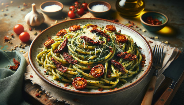 pasta al pesto con tomate en escamas